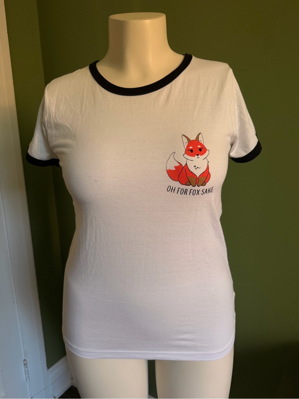 White and Black Ringer Tee with Red Fox Graphic - Pet Fox Category